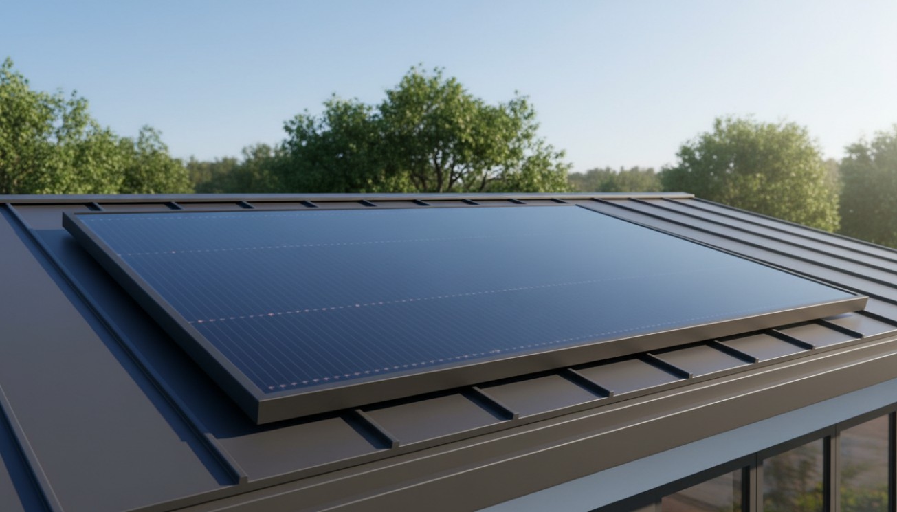 Flat plate solar collector installed on a modern roof, showing clean architectural integration for solar hot water projects